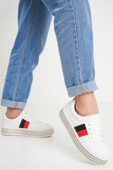 White Side Stripe Trainers with Diamante Platform Sole - Latia-Trainers