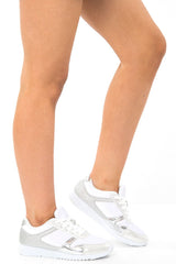 White Silver Velvet Glitter Lace Up Trainers - Taia-Trainers