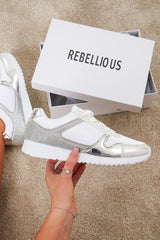 White Silver Velvet Glitter Lace Up Trainers - Taia-Trainers