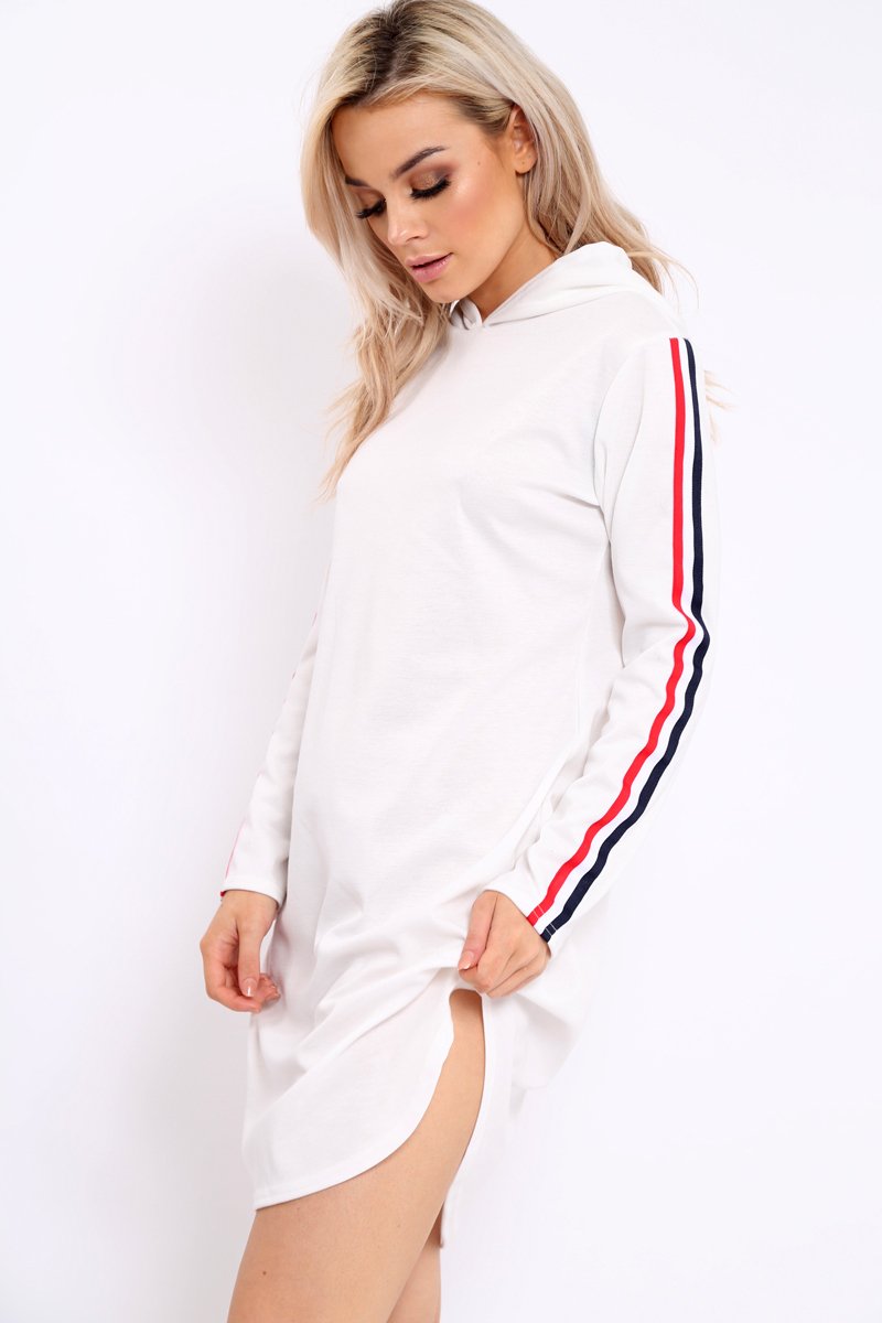 White Sleeve Sports Trim Curve Hem Jumper Dress - Dixie-Dresses