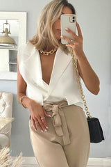 White Sleeveless Blazer Top - Frankiee-Tops