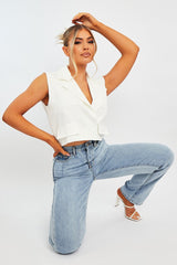 White Sleeveless Blazer Top - Frankiee-Tops
