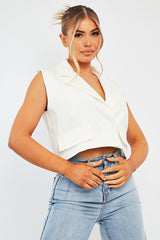 White Sleeveless Blazer Top - Frankiee-Tops