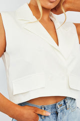 White Sleeveless Blazer Top - Frankiee-Tops
