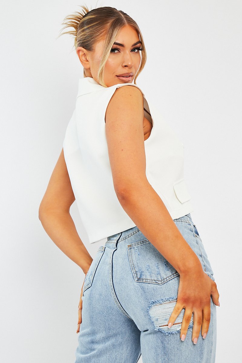 White Sleeveless Blazer Top - Frankiee-Tops