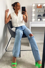 White Sleeveless Blazer Top - Frankiee-Tops