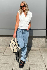 White Sleeveless Blazer Top - Frankiee-Tops