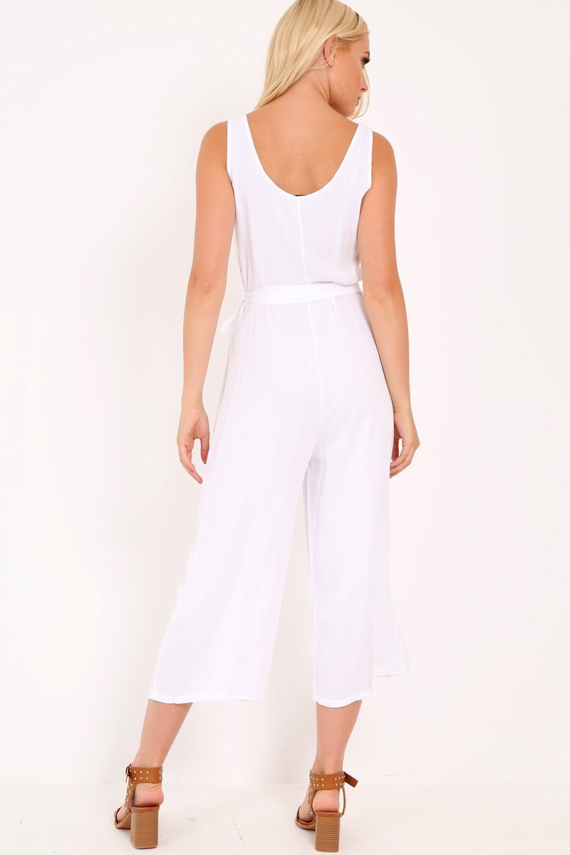 White Sleeveless Button Down Culotte Jumpsuit - Kalanni-Jumpsuits