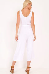 White Sleeveless Button Down Culotte Jumpsuit - Kalanni-Jumpsuits