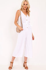 White Sleeveless Button Down Culotte Jumpsuit - Kalanni-Jumpsuits