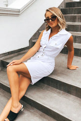 White Sleeveless Button Up Shirt Dress - Carlyn-Dresses