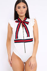 White Sleeveless Frill Stripe Bodysuit - Laili-Bodysuits