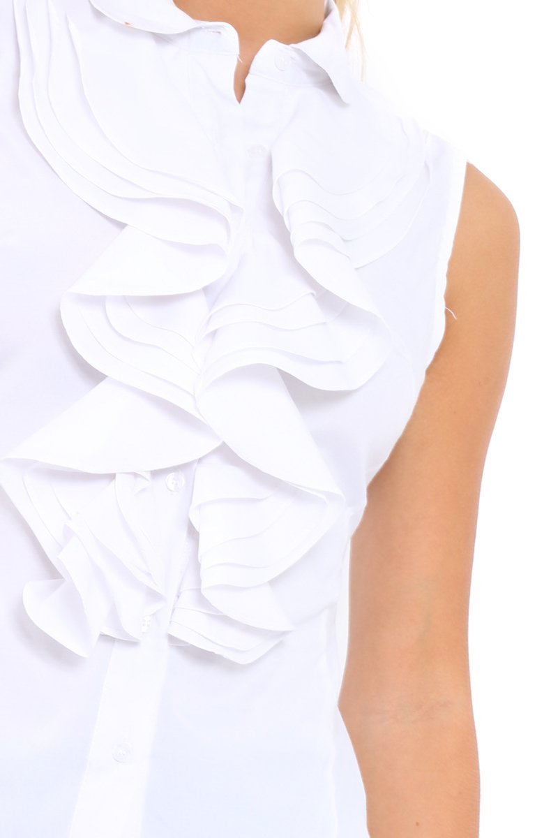 White Sleeveless Ruffle Shirt - Samarra-Shirts