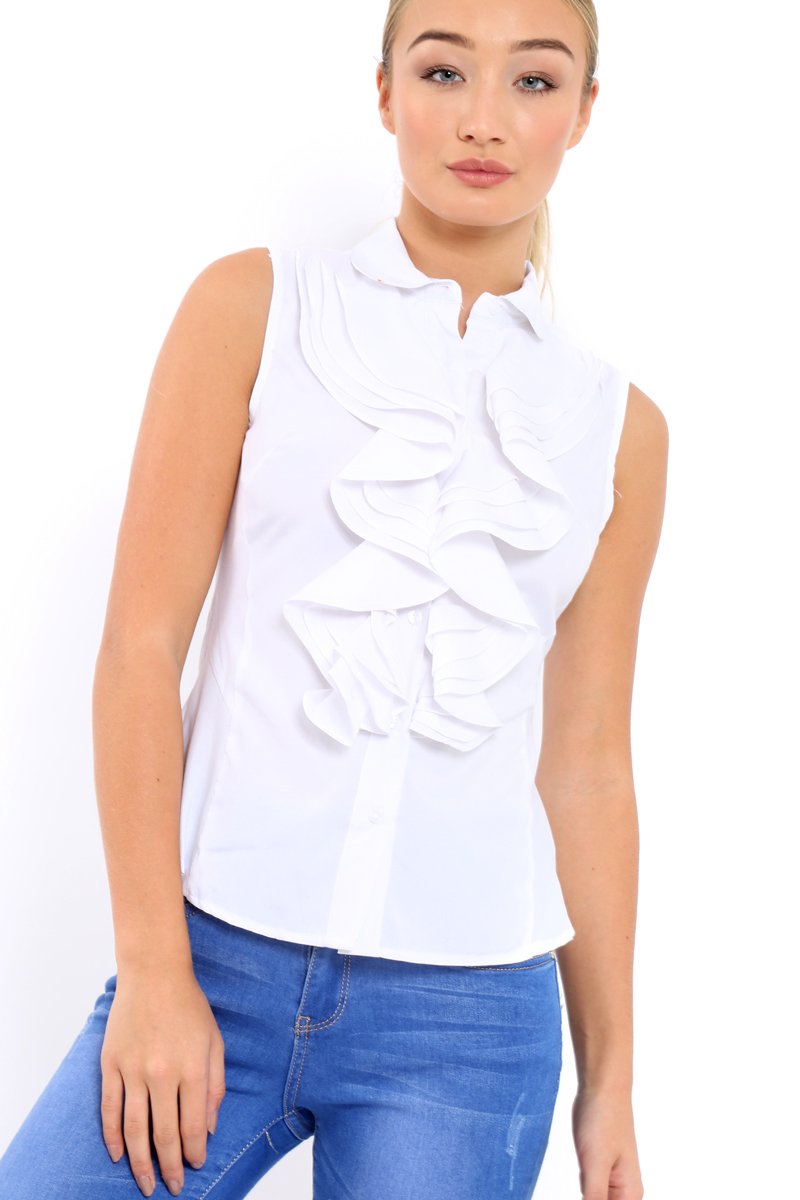 White Sleeveless Ruffle Shirt - Samarra-Shirts
