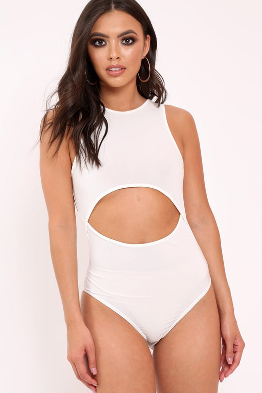 White Slinky Cut Out Middle Bodysuit - Jolissa