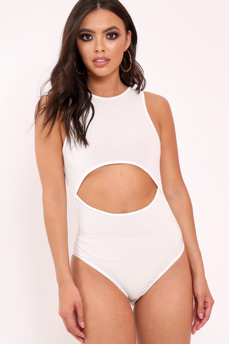 White Slinky Cut Out Middle Bodysuit - Jolissa-Bodysuits