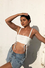 White Slinky Ruched Detail Crop Top - Bellah-Crop Tops