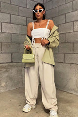 White Slinky Ruched Detail Crop Top - Bellah-Crop Tops