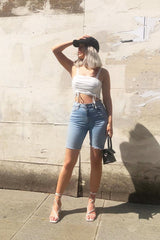 White Slinky Ruched Detail Crop Top - Bellah-Crop Tops