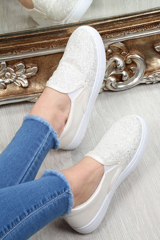 White Slip On Chunky Glitter Trainers - Anisia