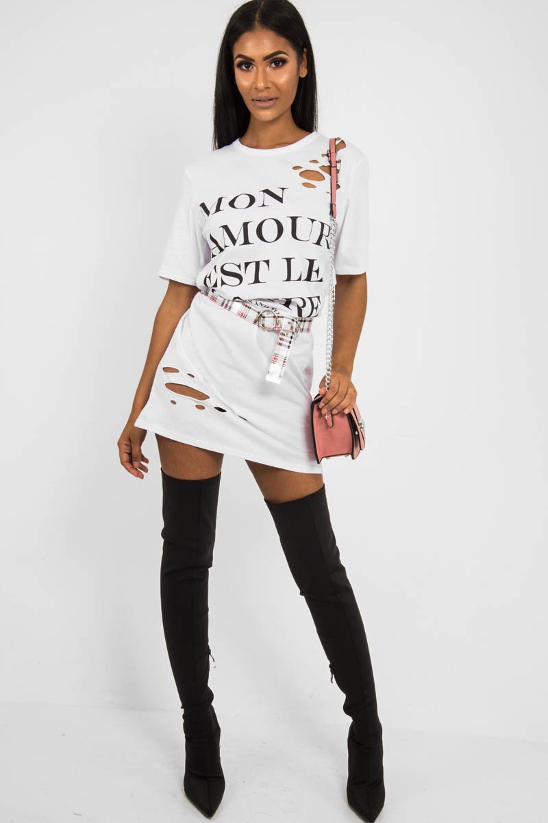 White Slogan Distressed T-Shirt Dress - Ashlen-Dresses