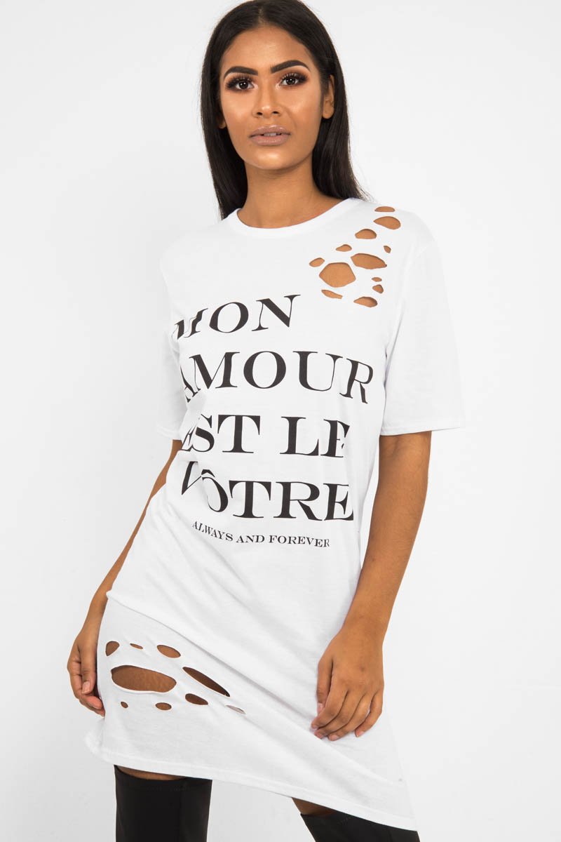 White Slogan Distressed T-Shirt Dress - Ashlen-Dresses