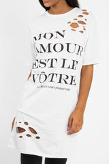 White Slogan Distressed T-Shirt Dress - Ashlen-Dresses