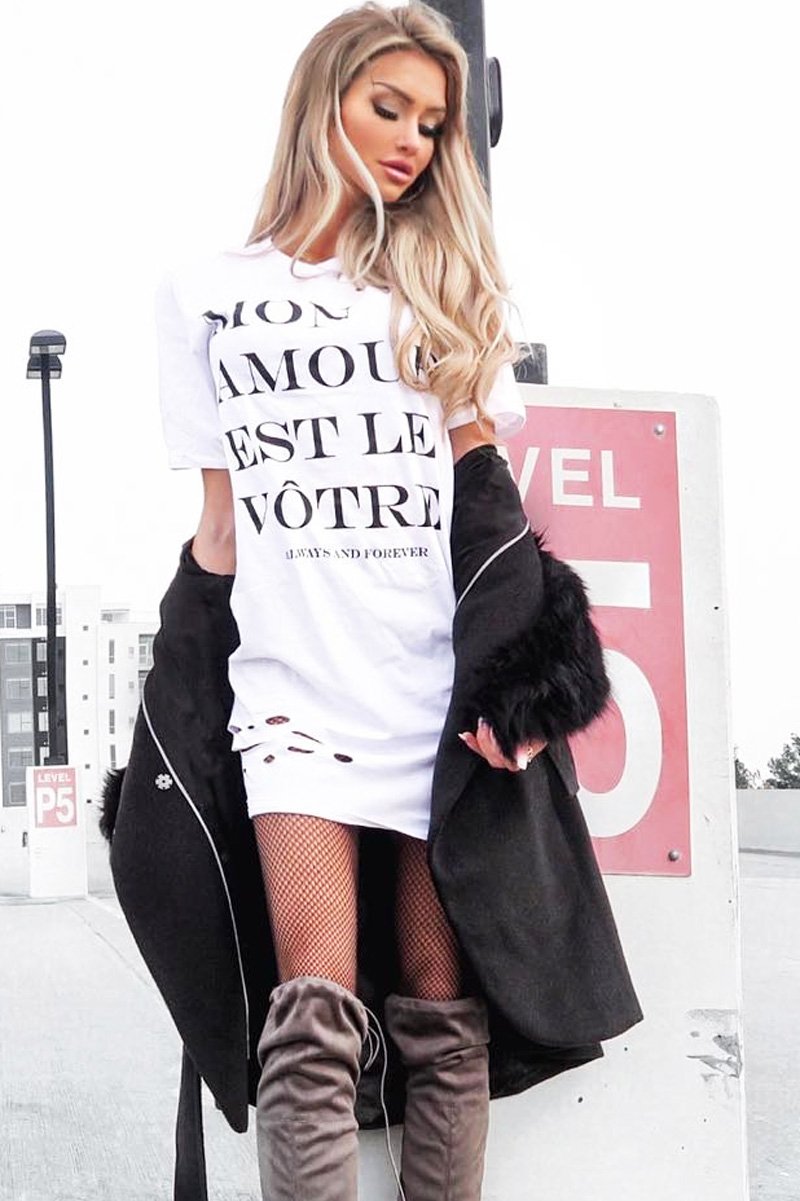 White Slogan Distressed T-Shirt Dress - Ashlen-Dresses
