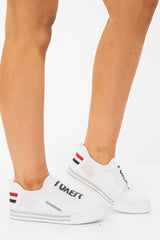 White Slogan Front Stripe Slip On Trainers - Tamira-Trainers