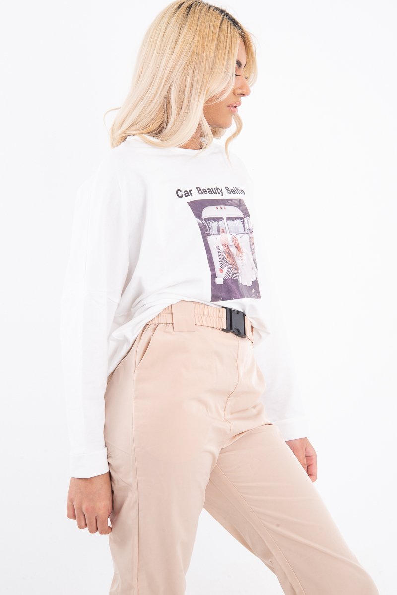 White Slogan Photo Print Sweatshirt - Belize-Sweatshirts