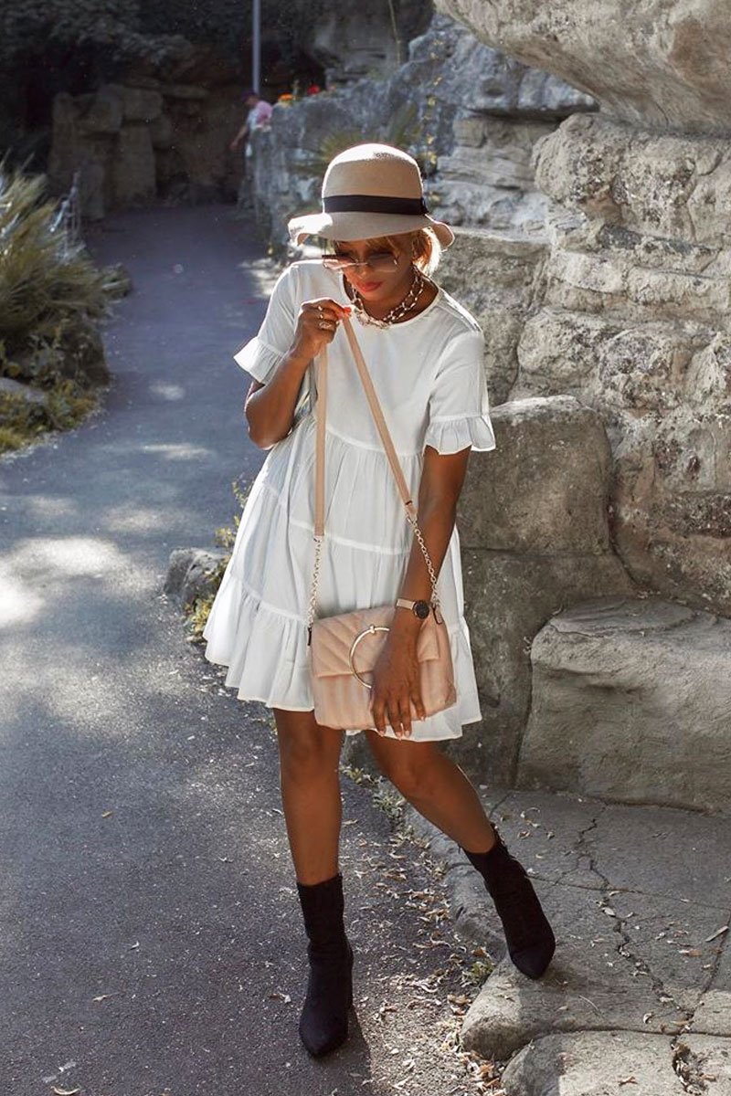 White Smock Tiered Frill Sleeve Mini Dress - Olah-Dresses