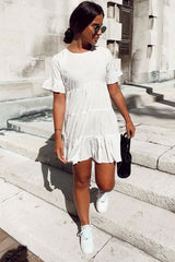 White Smock Tiered Frill Sleeve Mini Dress - Olah-Dresses