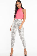 White Snake Print Faux Leather Ring Zip Trousers - Alexus-Trousers