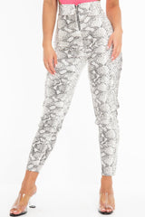 White Snake Print Faux Leather Ring Zip Trousers - Alexus-Trousers
