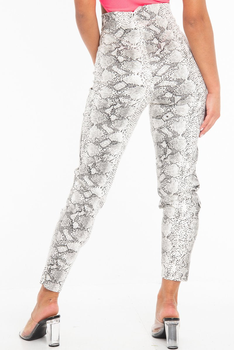 White Snake Print Faux Leather Ring Zip Trousers - Alexus-Trousers