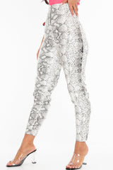 White Snake Print Faux Leather Ring Zip Trousers - Alexus-Trousers