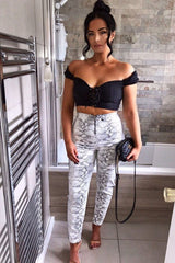 White Snake Print Faux Leather Ring Zip Trousers - Alexus-Trousers