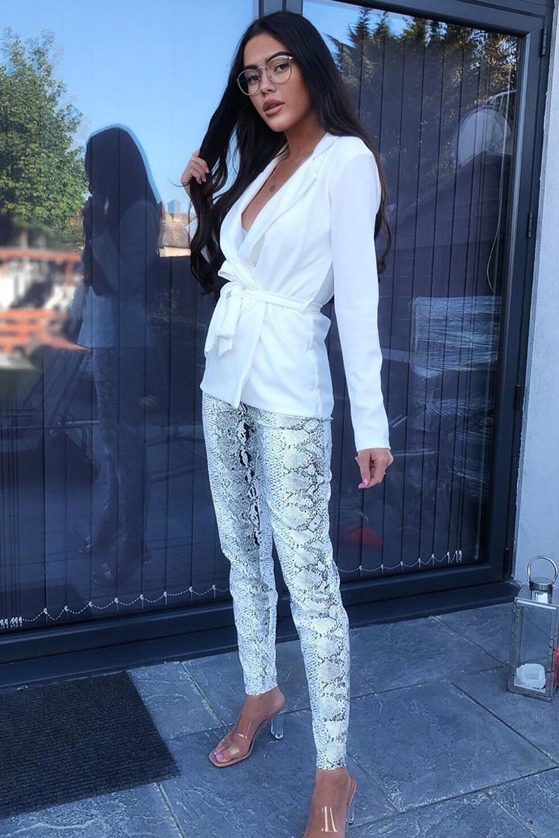 White Snake Print Faux Leather Ring Zip Trousers - Alexus-Trousers