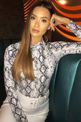 White Snake Print High Neck Long Sleeve Bodysuit - Evanna-Bodysuits