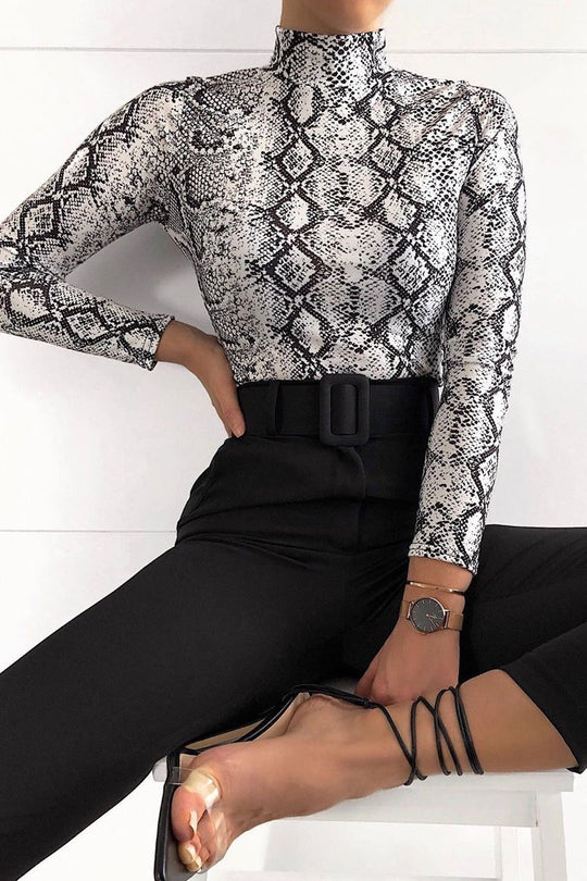 White Snake Print High Neck Long Sleeve Bodysuit - Evanna