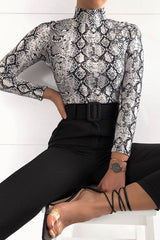 White Snake Print High Neck Long Sleeve Bodysuit - Evanna-Bodysuits