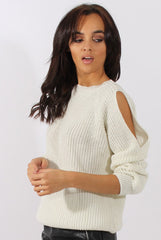 White Sparkle Knitted Cold Shoulder Jumper - May-Knitwear