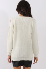White Sparkle Knitted Cold Shoulder Jumper - May-Knitwear