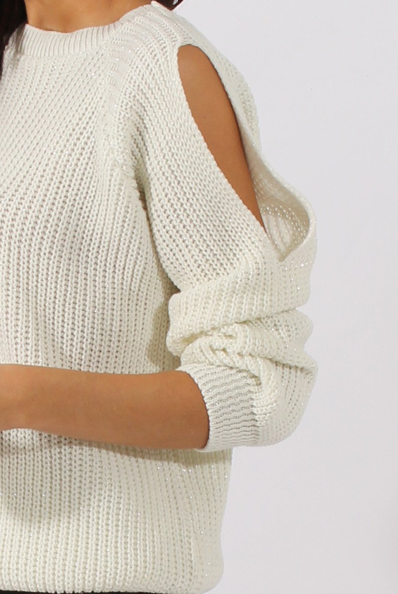 White Sparkle Knitted Cold Shoulder Jumper - May-Knitwear