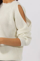 White Sparkle Knitted Cold Shoulder Jumper - May-Knitwear