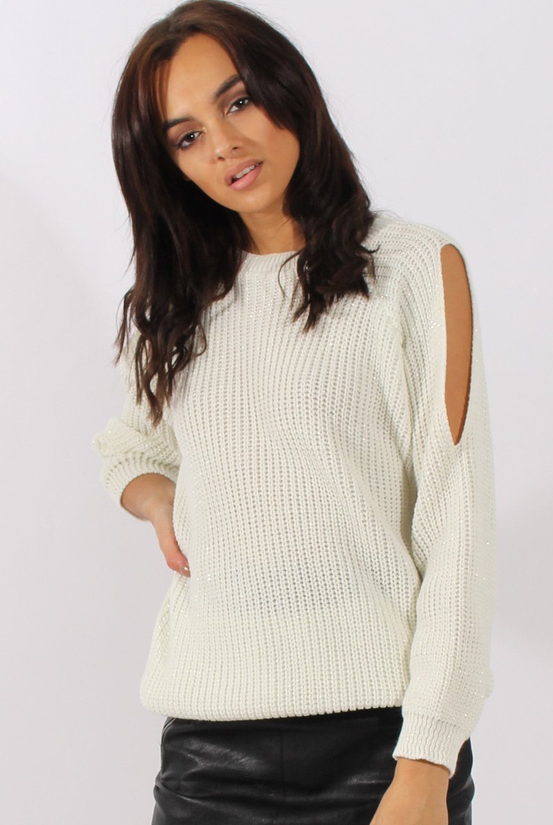 White Sparkle Knitted Cold Shoulder Jumper May Rebellious Fashion