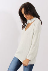 White Sparkle Knitted Cut Out Front Jumper - Meri-Jumper