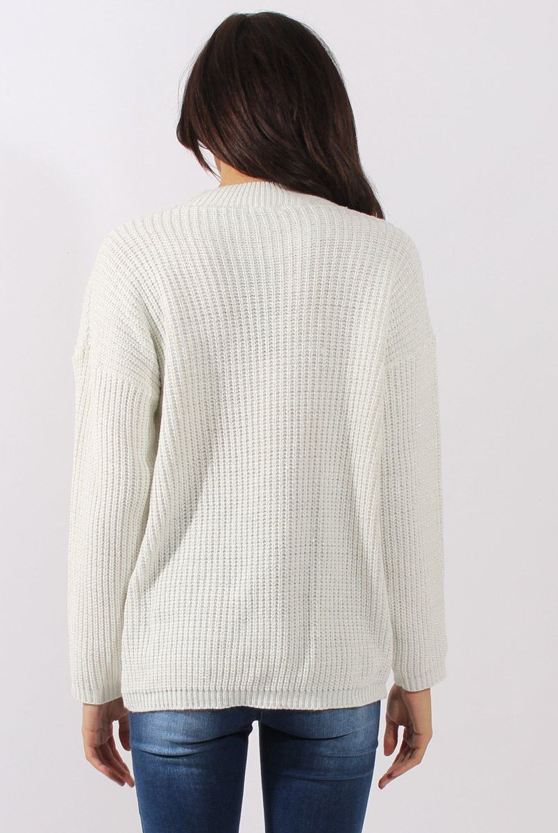 White Sparkle Knitted Cut Out Front Jumper - Meri-Jumper