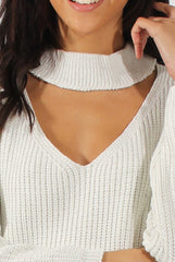 White Sparkle Knitted Cut Out Front Jumper - Meri-Jumper