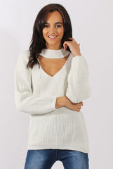 White Sparkle Knitted Cut Out Front Jumper - Meri-Jumper